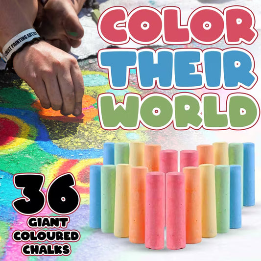36 Giant Coloured Chalks Chunky Pavement Washable Fun For Children 6 Colours - Garden School Drawing Games - Artists Imagination - Toddler - Chalkbard - Pavement