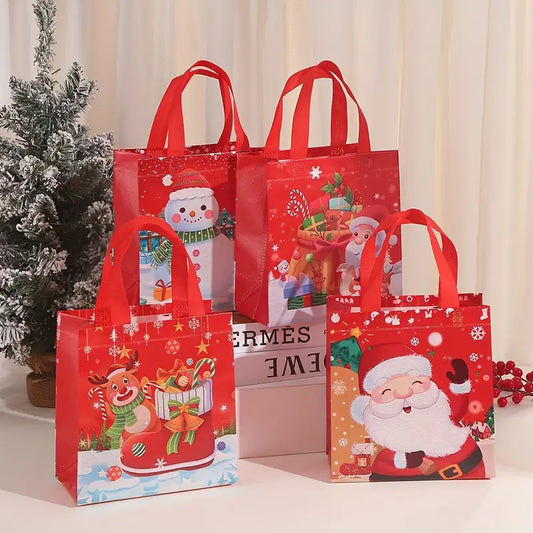 4Pcs Christmas Gift Bags with Handles - Festive Santa, Snowman & Reindeer Designs