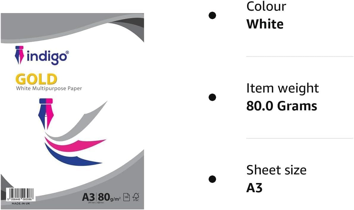 Indigo® A3 White Multipurpose Copier Paper – 80gsm, Ideal for Printing, Copying & Office Use (100 Sheets)