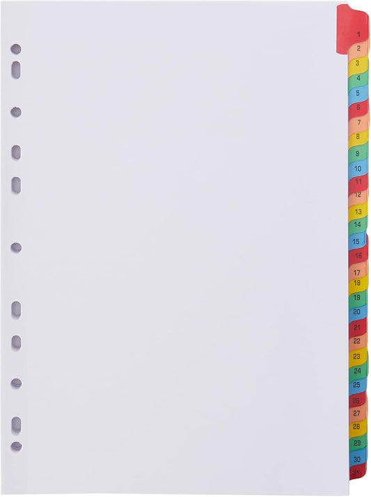Q-Connect A4 1-31 Divider Tabs – Multicolour, Reinforced, Punched (Pack of 3)