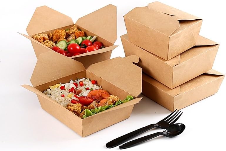 HOT BARGAINS 50 X No.1 / 750ml Takeaway Food Snack Boxes Cardboard Leak Proof Design Biodegradable Kraft Food Containers (130/112x106/90x65mm-750ml/26oz) (50)