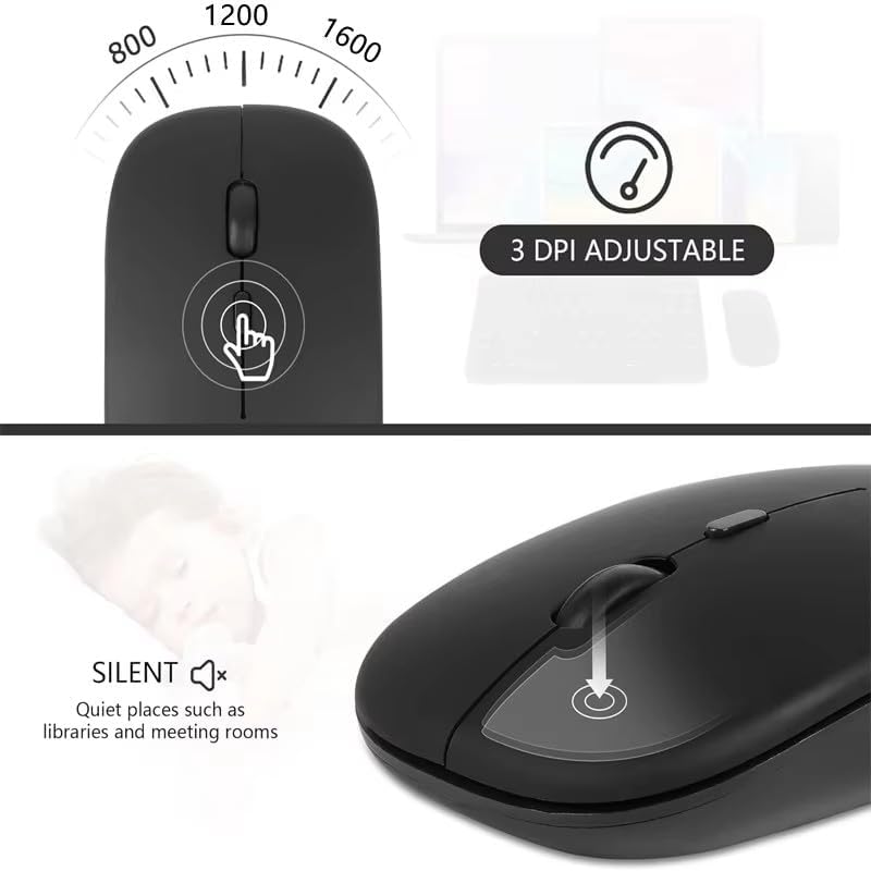 HORNBILL Wireless Mouse Rechargable, Upgraded, Ultra Slim Silent 2.4G Cordless Mouse 1600 DPI with USB Receiver for Laptop PC Computer Mac Tablet, Battery Level Visible, Black