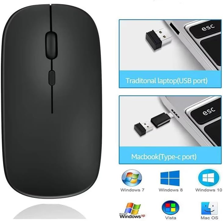 HORNBILL Wireless Mouse Rechargable, Upgraded, Ultra Slim Silent 2.4G Cordless Mouse 1600 DPI with USB Receiver for Laptop PC Computer Mac Tablet, Battery Level Visible, Black