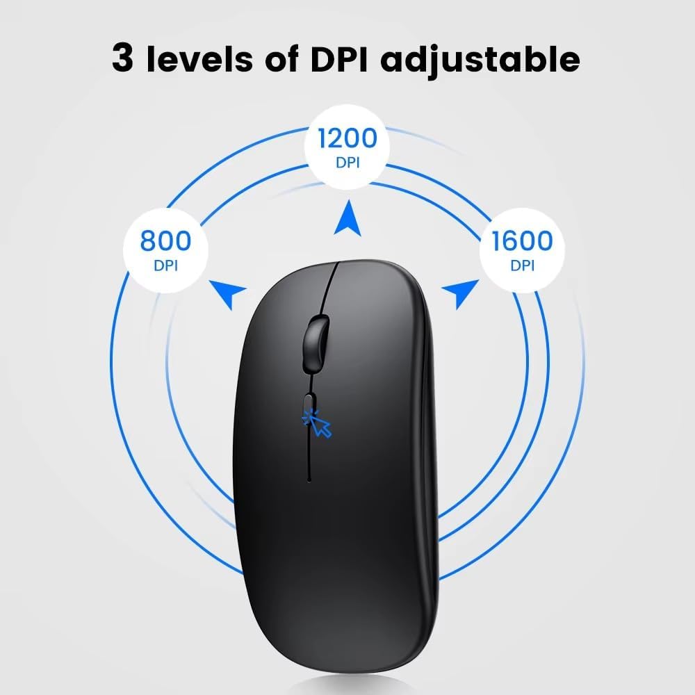 HORNBILL Wireless Mouse Rechargable, Upgraded, Ultra Slim Silent 2.4G Cordless Mouse 1600 DPI with USB Receiver for Laptop PC Computer Mac Tablet, Battery Level Visible, Black