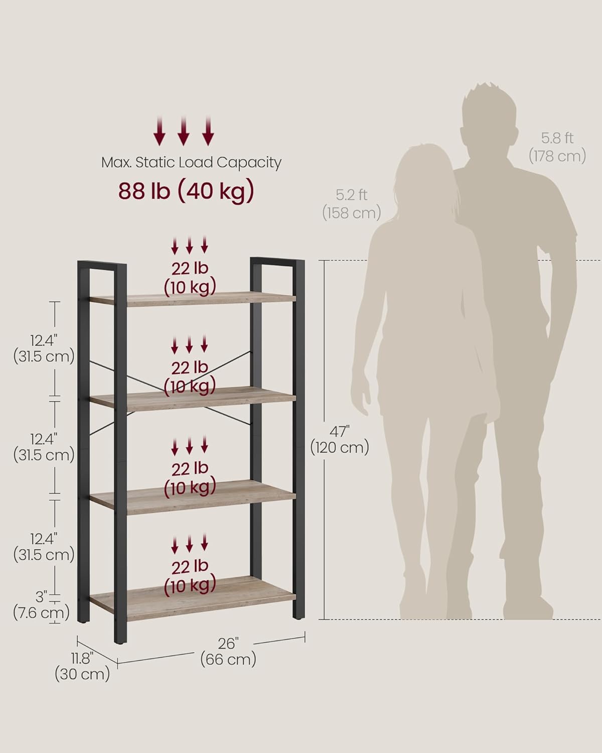 VASAGLE 4-Tier Industrial Bookshelf β Rustic Bookcase for Home & Office, Greige/Black 30 x 66 x 120 cm