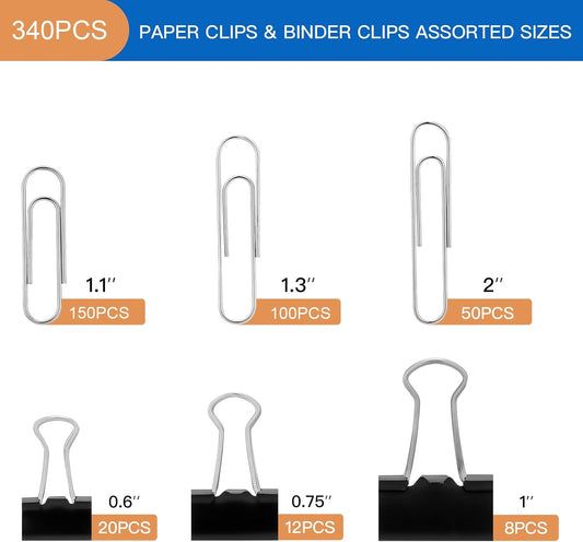 340 PCS Paper Clips Binder Clips, Silver Paper Clips Assorted Sizes 28mm 33mm 50mm, Foldback Clips Assorted Sizes 15mm 19mm 25mm, Black Bulldog Clips Assorted Sizes
