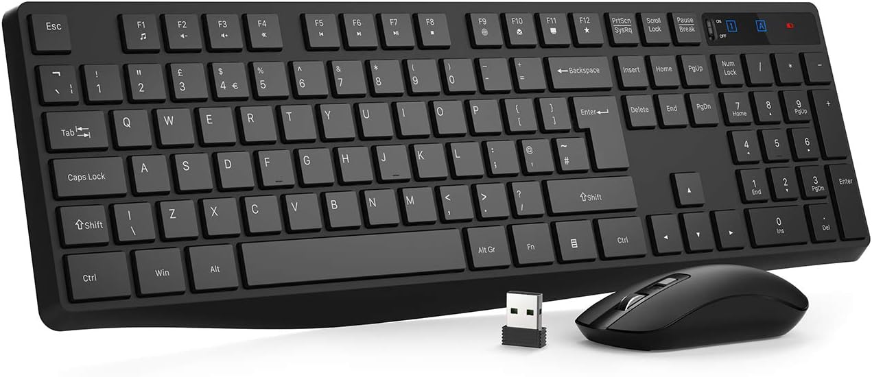 Wireless Keyboard and Mouse Combo – Full Size, Silent Keys, USB, UK Layout – Black