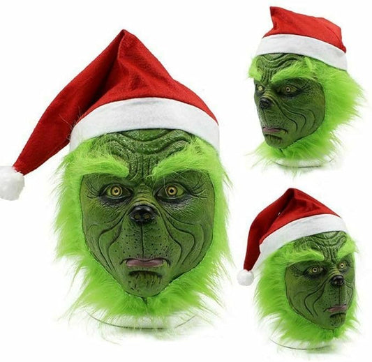 Grinch Mask, Grinch Christmas Decorations, Christmas Mask With Red Hat and Gloves Anime Cosplay, Grinch Costume for Halloween Xmas Funny Carnival Party Full Face Latex Costume Props