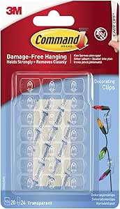 Command Clips for Hanging Christmas Decorations and Fairy Lights, Pack of 20 Transparent Mini Hooks and 24 Small Adhesive Strips - Damage Free Hanging