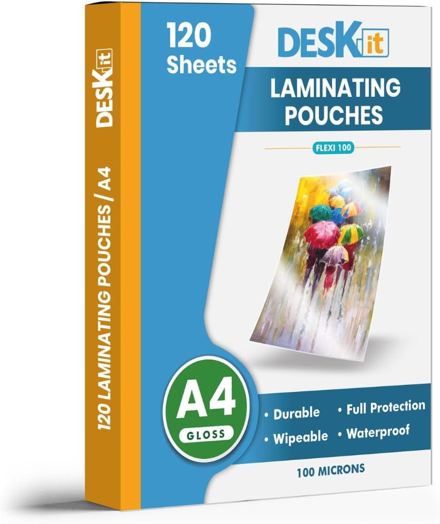 Deskit A4 Laminating Pouches β 120 Glossy Sheets, 100 Micron Clear & Durable Finish