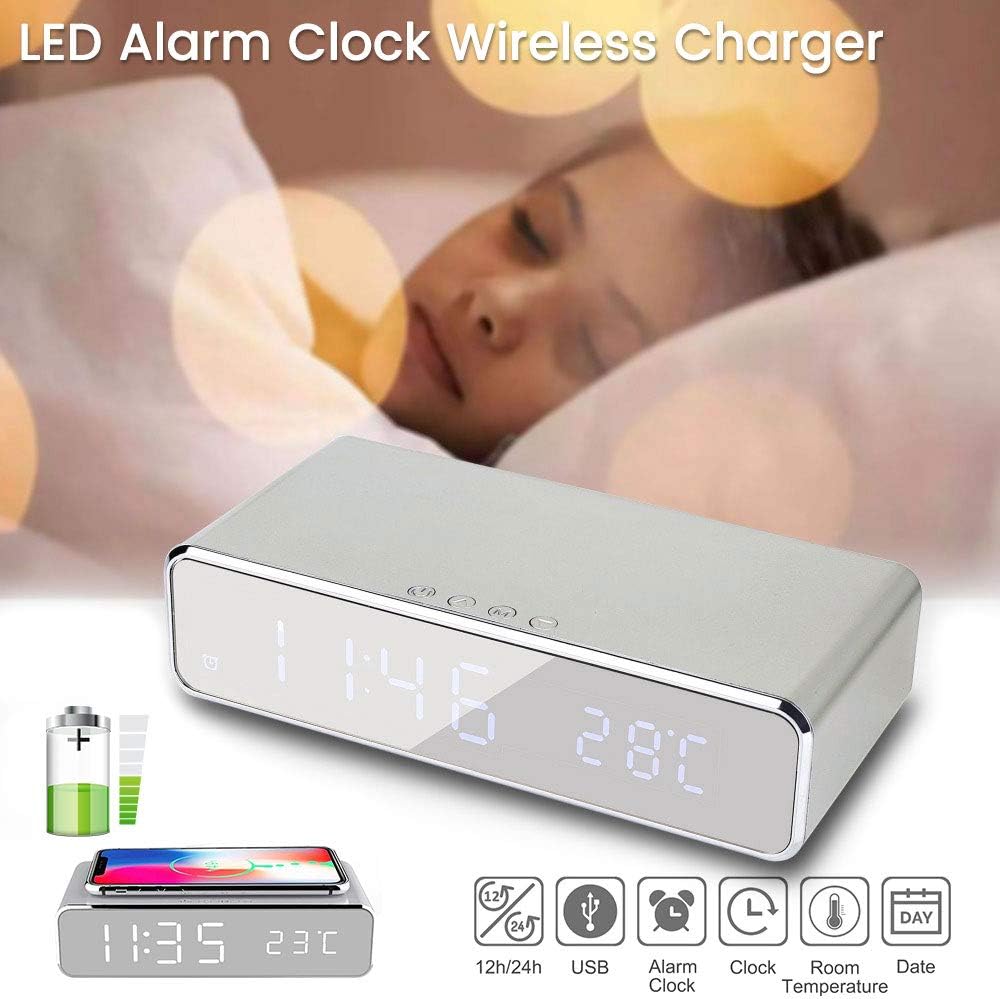 2-in-1 Digital Alarm Clock with Wireless Charging & LED Temp Display – Fast Charger for Heavy Sleepers, Teens, Adults & Kids