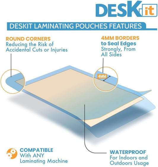 Deskit A4 Laminating Pouches – 120 Glossy Sheets, 100 Micron Clear & Durable Finish