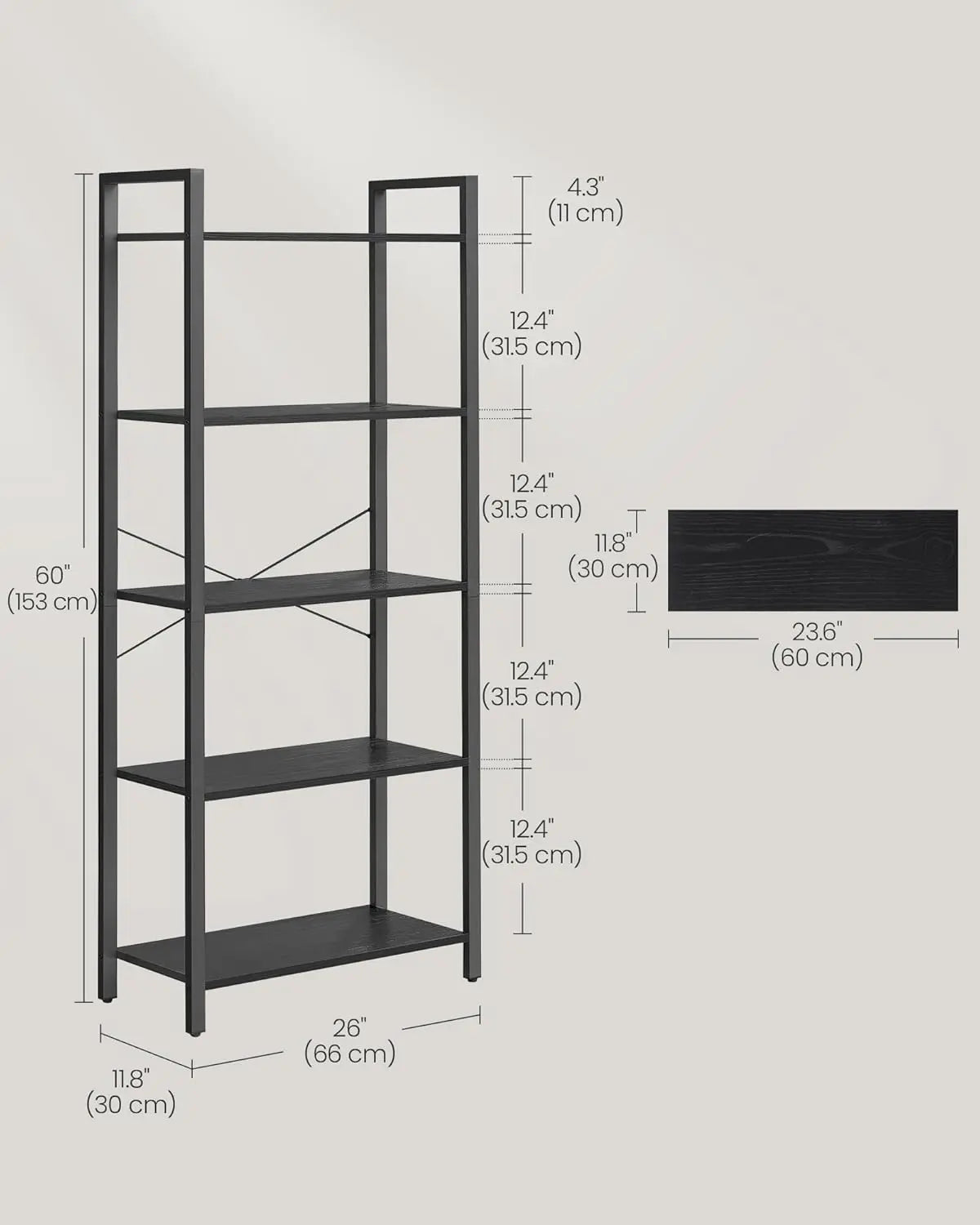 VASAGLE 5-Tier Industrial Bookshelf – Modern Bookcase for Office, Living Room, Bedroom – Ebony & Ink Black Shelving Unit, 30x66x153 cm, Durable & Stylish Storage