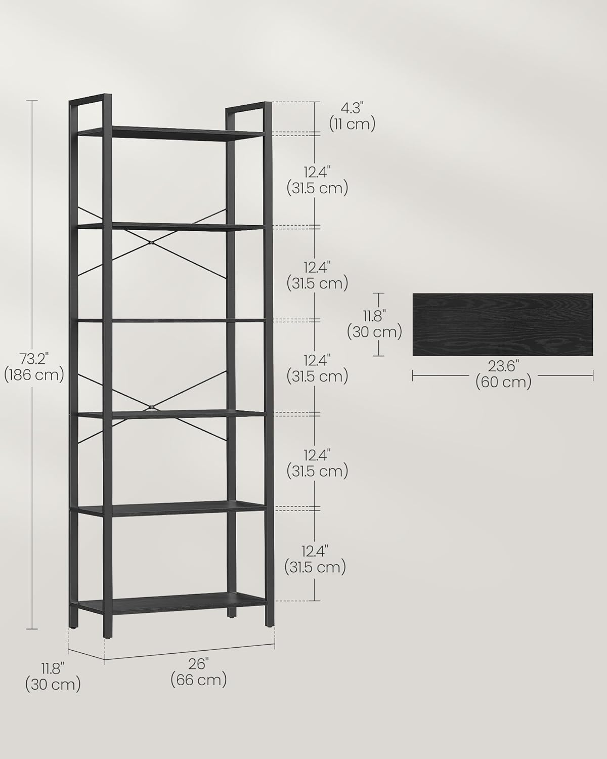 VASAGLE 6-Tier Industrial Bookshelf – Ebony Black Metal Bookcase for Home & Office 30 x 66 x 186 cm