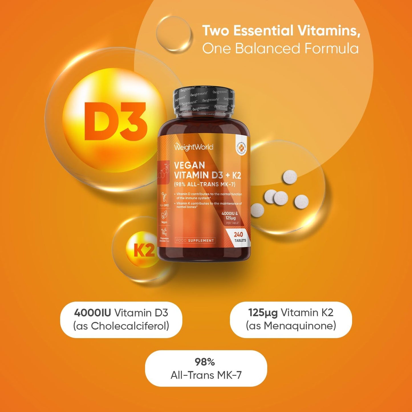Vitamin D3 4000IU & K2 MK7 125mcg – 240 Tablets | 8-Month High Strength Supply
