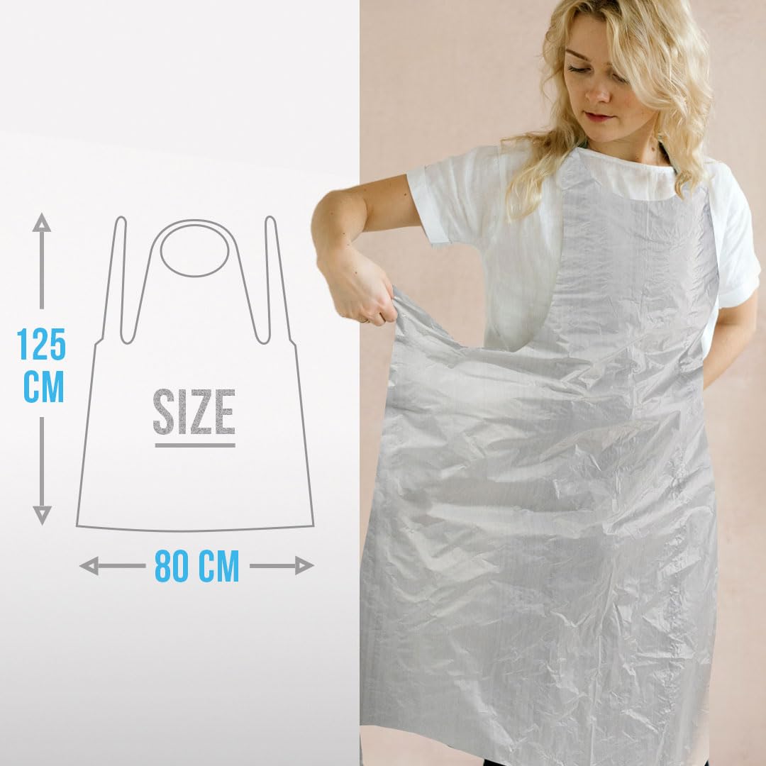 Areso | Disposable Plastic Aprons for Adults Pack of 100 units, Waterproof and Durable White Apron on a roll for Kitchen or Cleaners