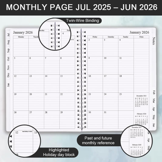 2025-2026 Diary, A5 Weekly Planner with Monthly Tabs, July 2025 - June 2026, Back Pocket, Planner 2025-2026 with Elastic Closure, Flexible Cover, 14.8×21cm, Black