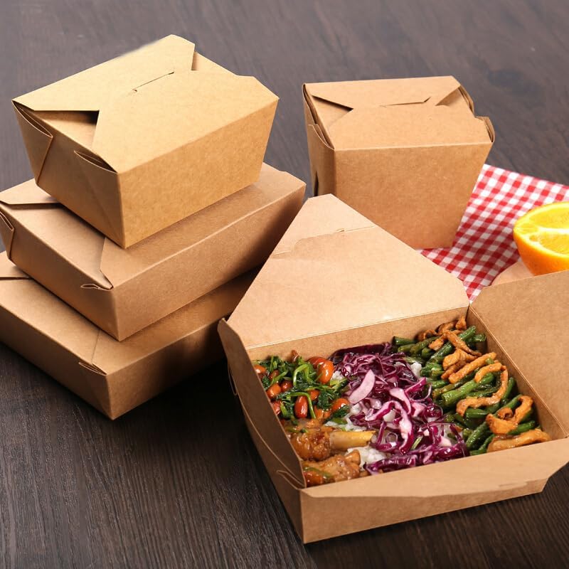 HOT BARGAINS 50 X No.1 / 750ml Takeaway Food Snack Boxes Cardboard Leak Proof Design Biodegradable Kraft Food Containers (130/112x106/90x65mm-750ml/26oz) (50)
