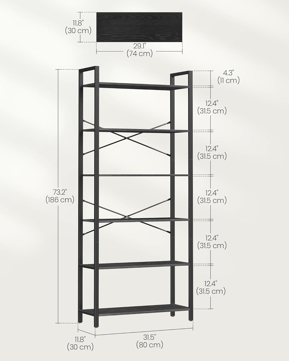 VASAGLE 6-Tier Industrial Bookshelf – Ebony & Ink Black Bookcase for Home & Office 30 x 80 x 186 cm