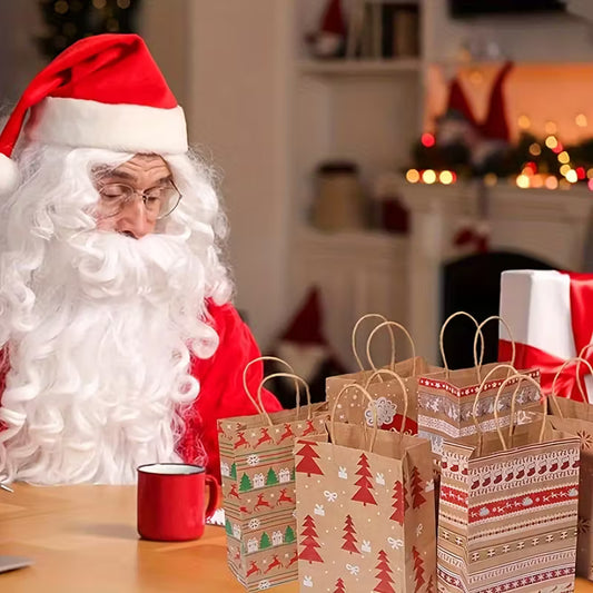 12pcs Festive Kraft Paper Gift Bags with Handles, Assorted Cartoon Christmas Designs for Holiday Party Favors and Presents