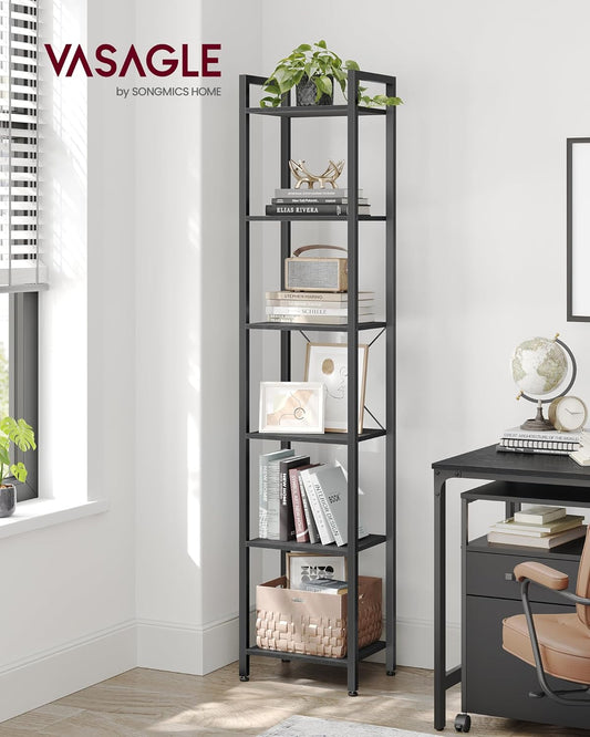 VASAGLE 6-Tier Industrial Bookshelf – Tall Ebony Black Metal Bookcase for Living Room, Office, Bedroom, Study – 30 x 40 x 187.5 cm