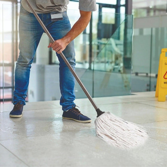 Requisite Needs long cotton floor mop – Looped string mop with detachable head and handle – ergonomic design – lightweight and easy to use – Includes 2 Cotton strings mop heads