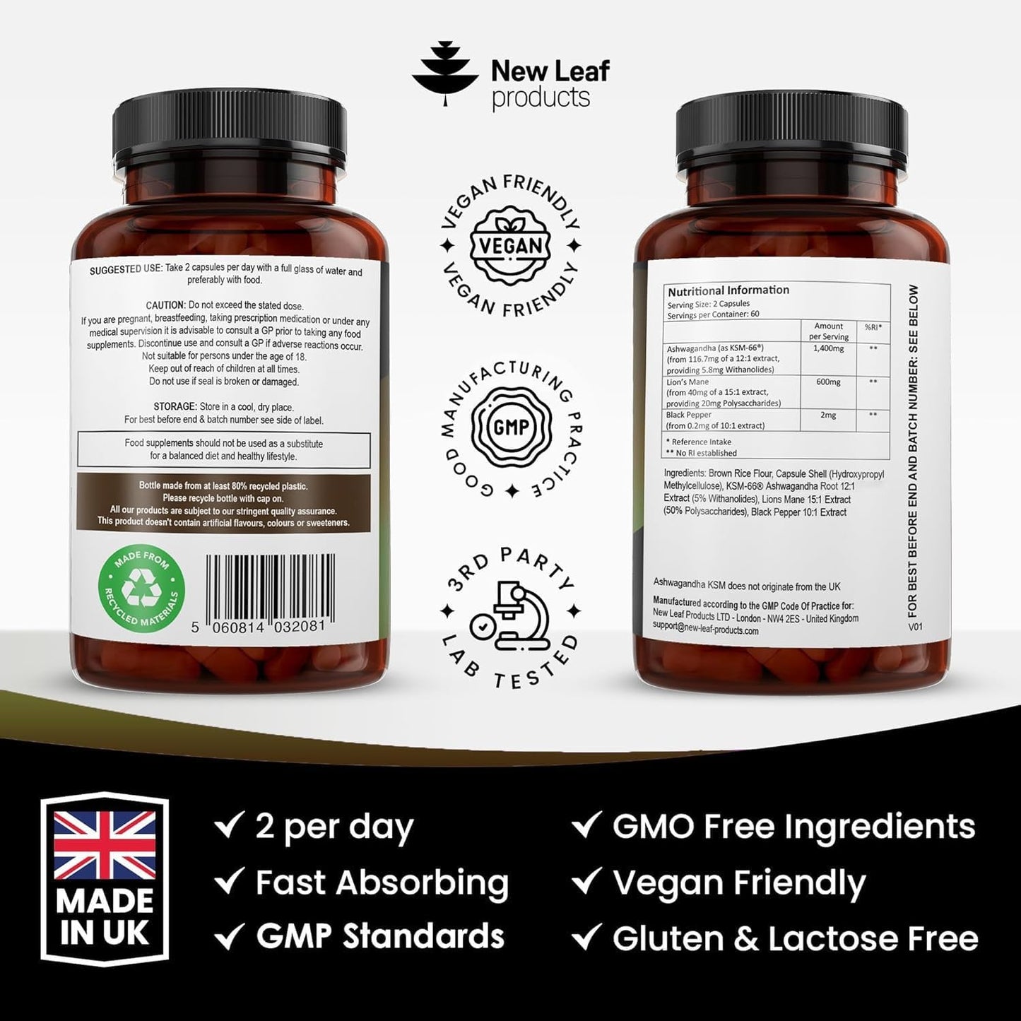Ashwagandha KSM-66 & Lionโs Mane 2000mg โ 120 Vegan Capsules with Black Pepper