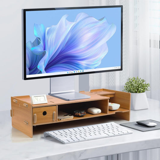 Tonsmile Wood Monitor Stand, Wooden Office Desk Desktop Storage Organiser Computer Screen Monitor Riser with Drawer (W480 x D200 x H120mm)