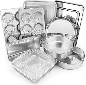 E-far 12-Piece Stainless Steel Bakeware Set, Round & Square/Rectangle Baking Pans with Lids, Cookie Sheet, Loaf/Muffin/Pizza Pan, Non-toxic & Dishwasher Safe