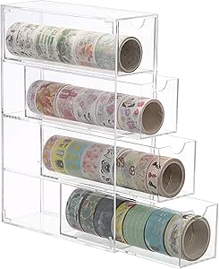 OGA Acrylic Washi Tape Organizer, Clear Washi Tape Storage Holder with 4 Sliding Drawers, Desk Accessories Display Caddy Craft Box, Washi Tape Dispenser for Scrapbooking Art Craft Supplies, 1 Pack