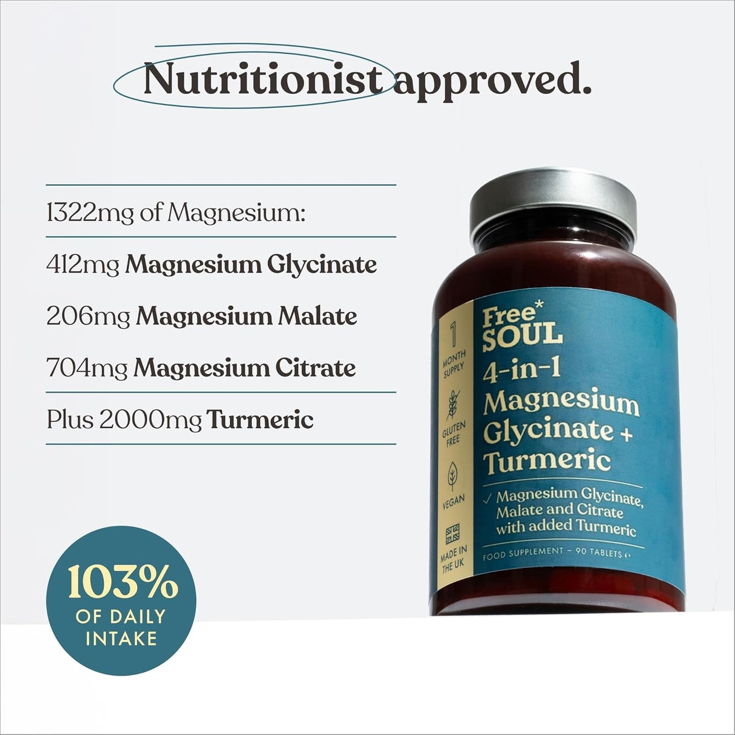 Magnesium Glycinate + Turmeric 4-in-1 | 1322mg Triple Blend | 90 Vegan Tablets UK