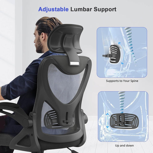 Ergonomic Office Chair with Lumbar Support, Headrest & Flip-Up Arms for Home Desk