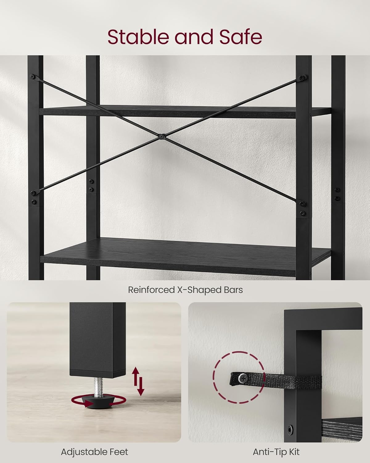 VASAGLE 6-Tier Industrial Bookshelf – Ebony Black Metal Bookcase for Home & Office 30 x 66 x 186 cm