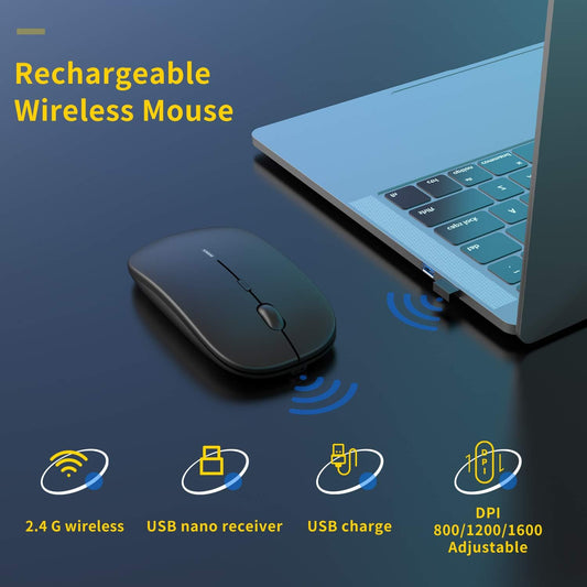 Anmck Wireless Silent Mouse,USB Laptop PC Cordless Rechargeable Slim Mice, 10m Remote Range,1600 DPI 6 Adjustment Levels Noiseless Mini Mouse,Home & Office for Windows