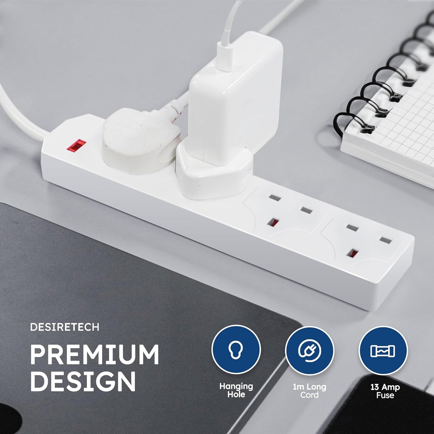 DESIRETECH White Electric Extension Lead - 4 Gang, 1 Metre Cable with UK Plug & 3 Pin Socket - Wall Mountable & Multi Socket Mains Strip for Home, Bedroom, Kitchen, & Office (1 Pack)