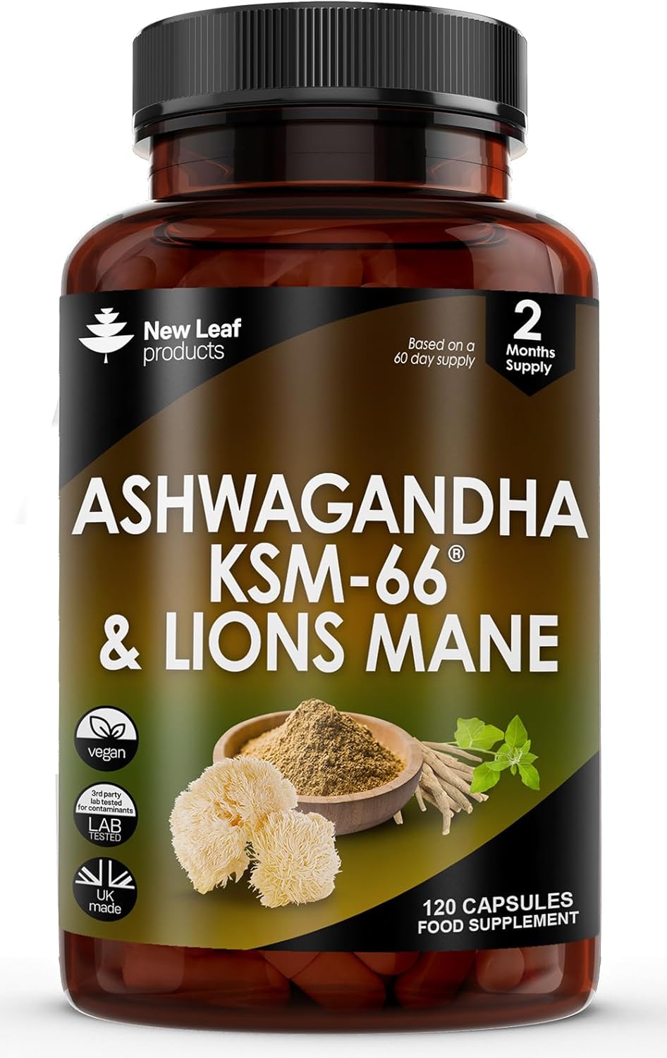 Ashwagandha KSM-66 & Lionโs Mane 2000mg โ 120 Vegan Capsules with Black Pepper