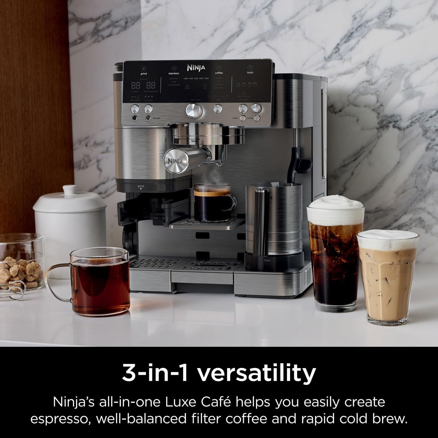 Ninja Luxe 3-in-1 Coffee Machine with Grinder & Frother – Espresso, Latte, Cappuccino & Cold Brew