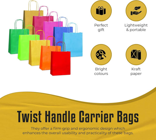 Thepaperbagstore 10 Rainbow Small Paper Bags with Twist Handles -18x22x8cm - Colourful Paper Gift Bags for Kids and Adults Parties, Birthdays, Weddings, Baby Showers, Hen Parties and Sweets