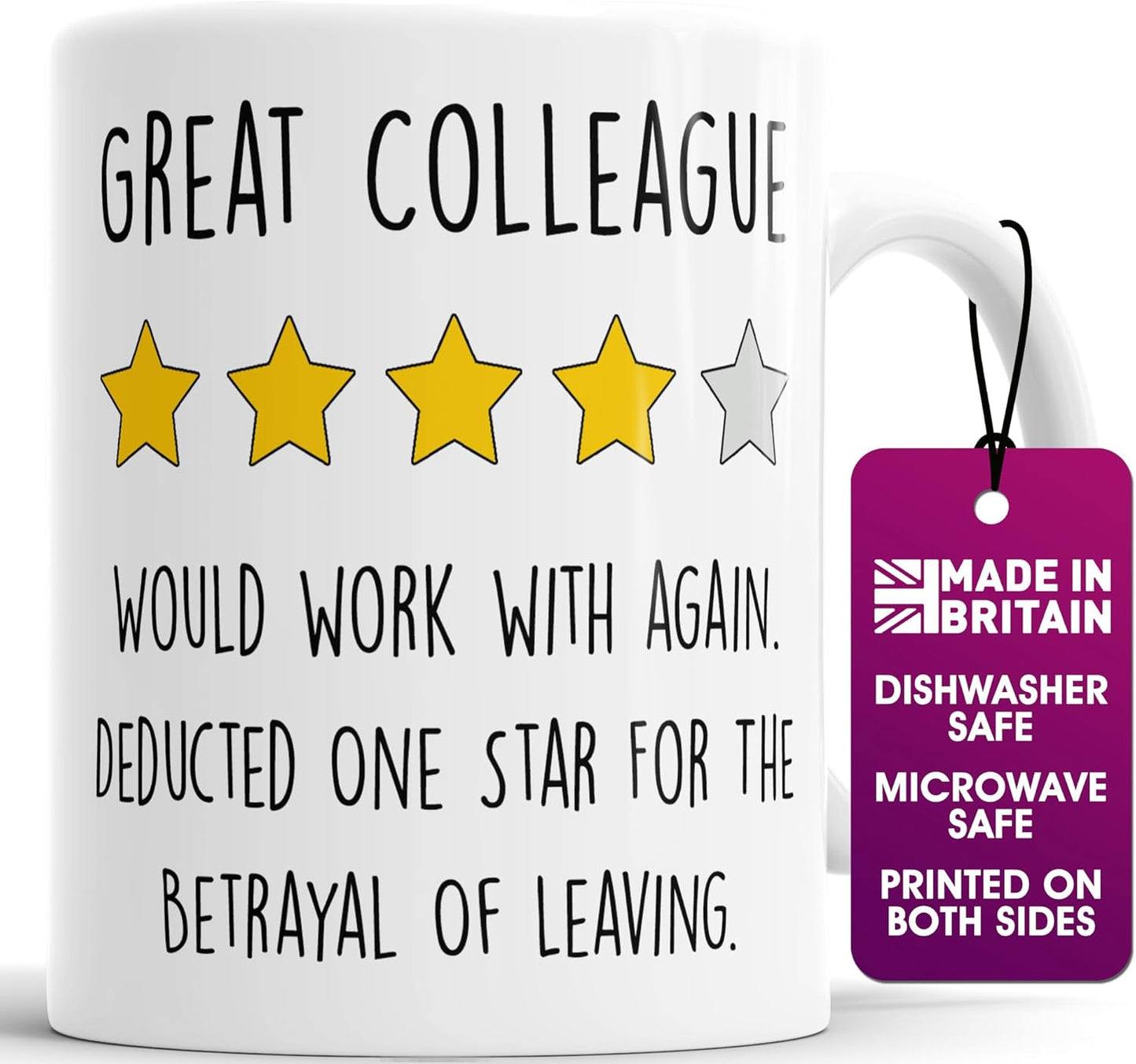 Faithful Prints Funny Coworker Leaving Mug – “Great Colleague, Deducted One Star for Leaving” – Farewell Gift for Colleague, Office Humor Coffee Cup, 11oz Ceramic, Going Away Present
