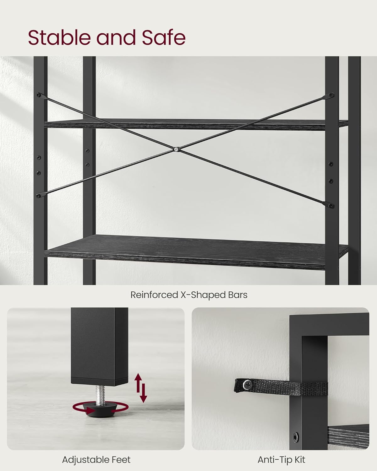 VASAGLE 6-Tier Industrial Bookshelf – Ebony & Ink Black Bookcase for Home & Office 30 x 80 x 186 cm