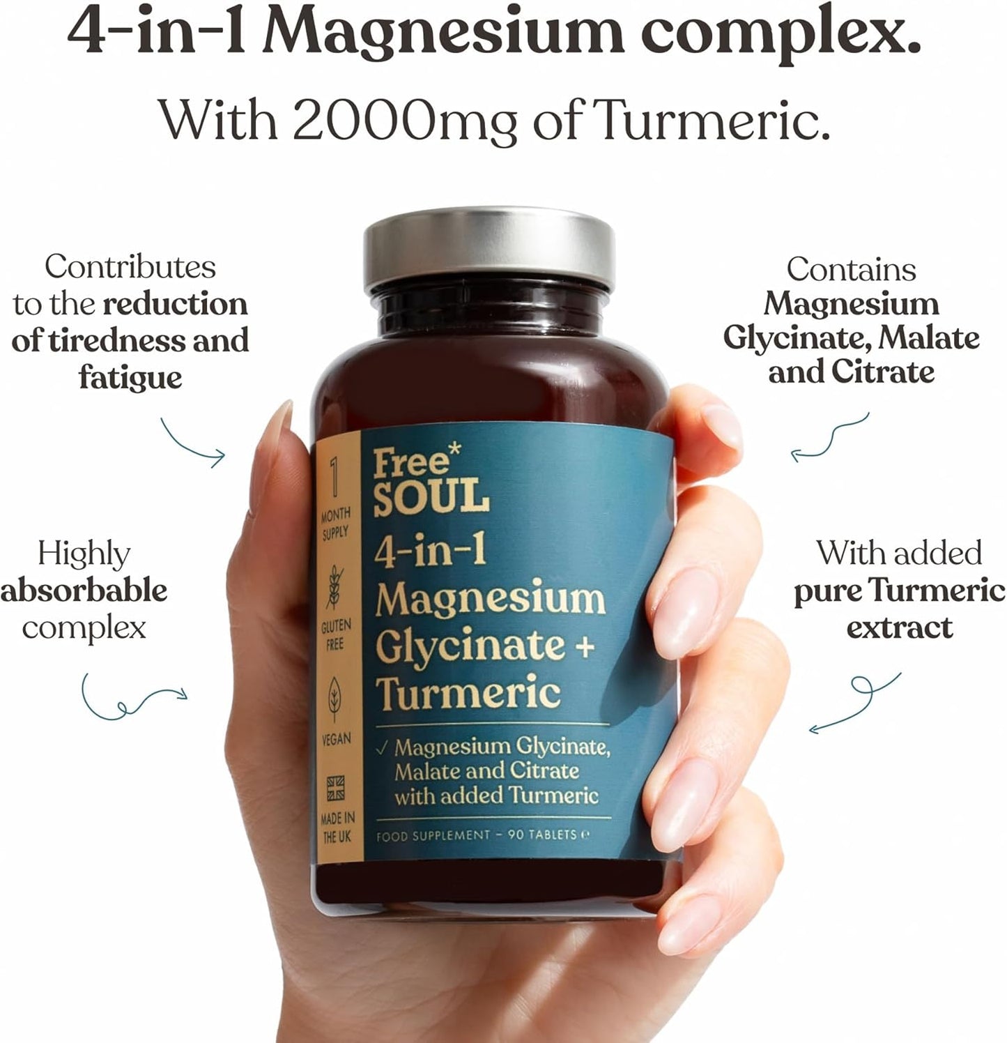Magnesium Glycinate + Turmeric 4-in-1 | 1322mg Triple Blend | 90 Vegan Tablets UK