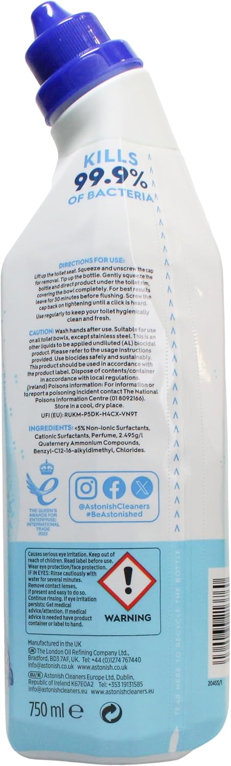 Astonish Toilet Fresh Gel, Kills 99.9% of Bacteria, Limescale Prevention, 750ml, Ocean