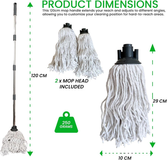 LSC Cotton Floor Mops Looped String Mop with 120cm Long Stainless Steel Handle Extra Replacement Mop Head Scratch-Free Absorbent Classic for Tile Wood Floor Kitchen Bathroom