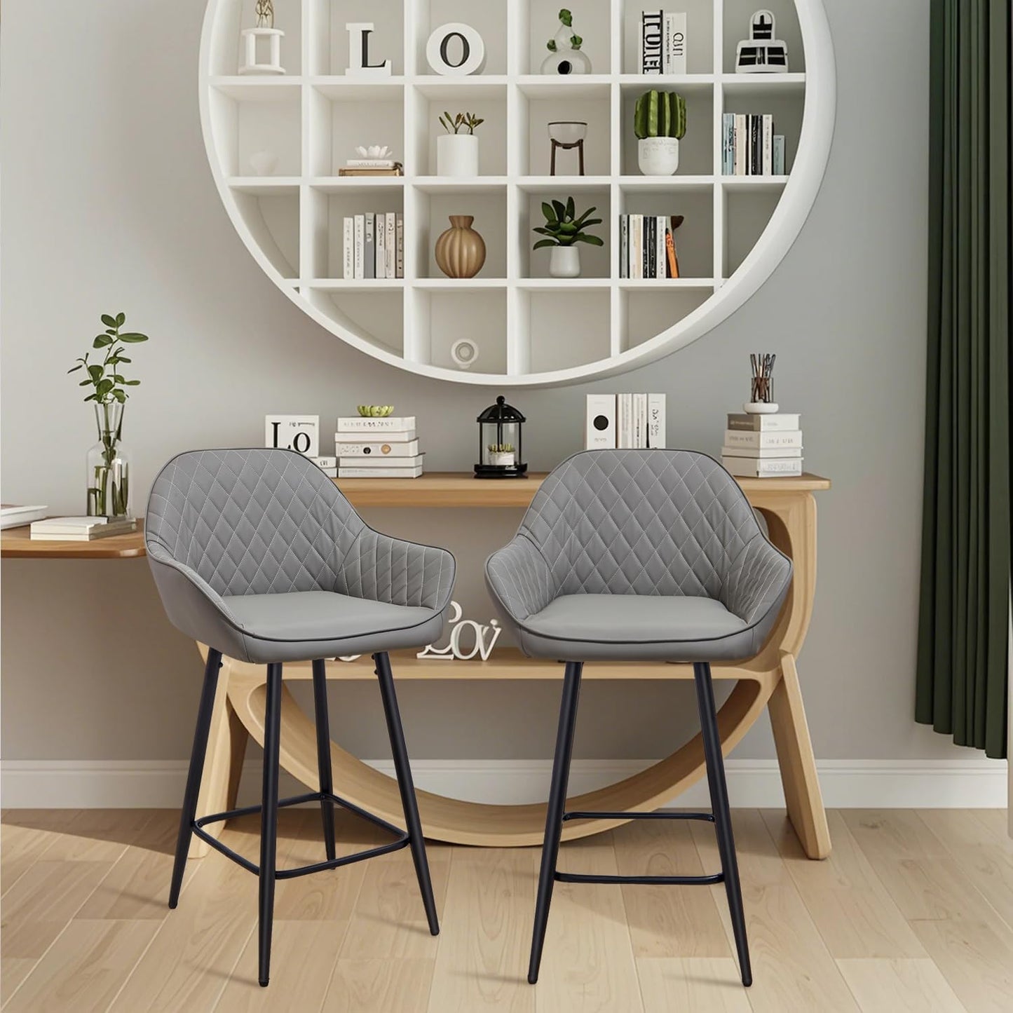 Faux Leather Bar Stools Modern Style with Armrests & Metal Legs for Kitchen Set of 2