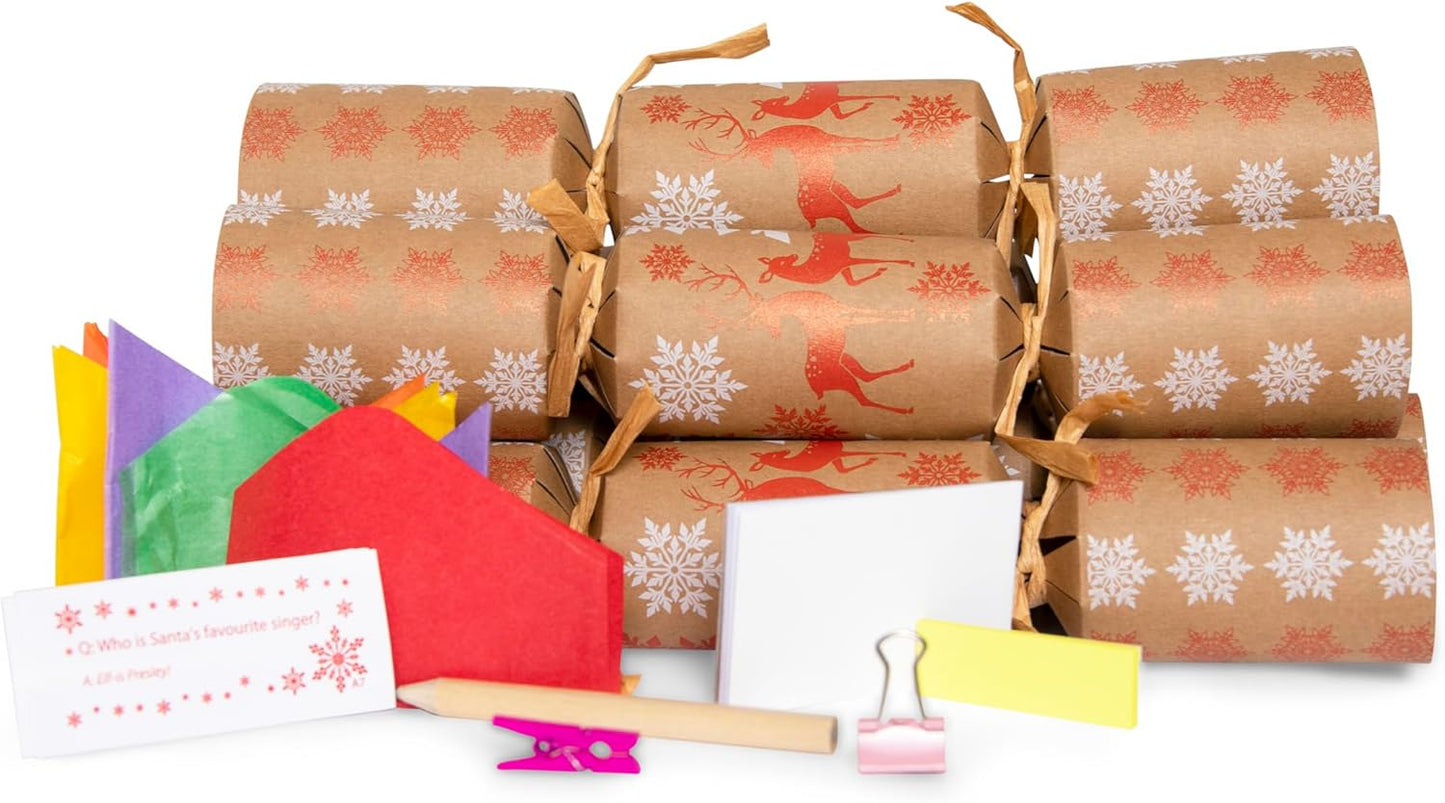 Plastic Free/Eco Friendly Kraft Christmas Crackers 10" - Reindeer & Snowflake Print -1 case of 50