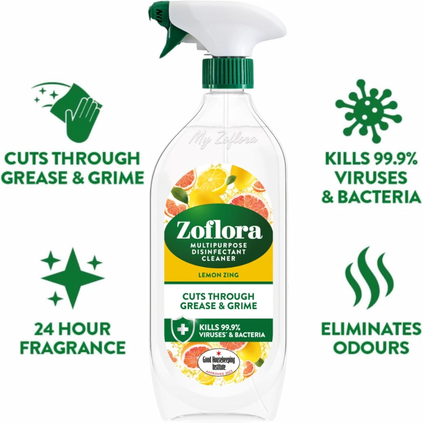 Zoflora Lemon Zing Multipurpose Disinfectant Trigger Spray, 1 x 800ml, Antibacterial Multi-Surface Cleaner, Pet-Friendly, Kills 99.9% of Bacteria & Viruses.