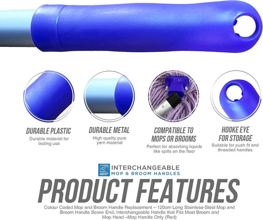 Colour Coded Mop and Broom Handle Replacement – 120cm Long Aluminium Mop and Broom Handle Screw End, Interchangeable That Fits Most Mop (Blue)