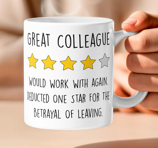 Faithful Prints Funny Coworker Leaving Mug – “Great Colleague, Deducted One Star for Leaving” – Farewell Gift for Colleague, Office Humor Coffee Cup, 11oz Ceramic, Going Away Present