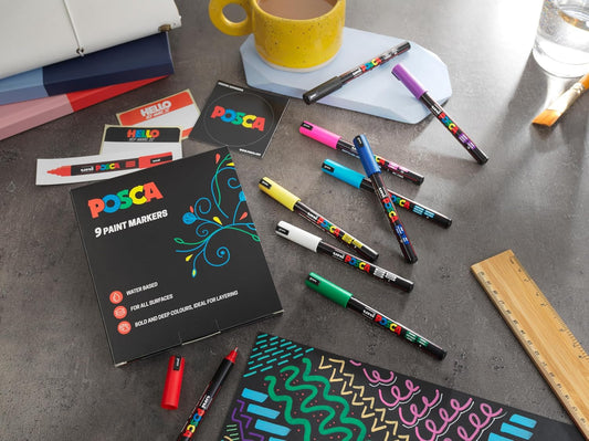 Posca PC-1MR Standard Pack of Paint Markers (Pack of 9) Multisurface Water Based Paint Pens with Extra Fine 0.7mm Acrylic Tips for Adult Colouring Books, Art and Crafts with 4 Stickers