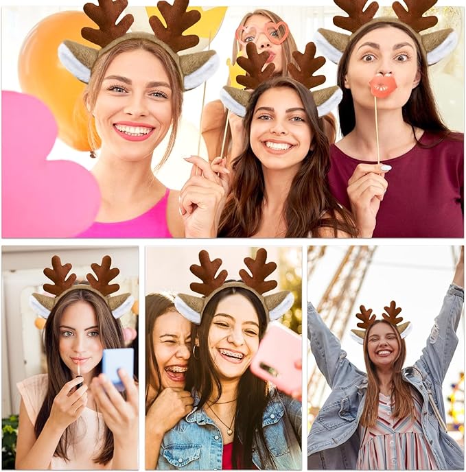 Reindeer Antlers, Christmas Headbands Animal Ears Hairband with Red Nose Halloween Deer Headwear Festive Cosplay Party for Adults Women Girl Kids, Brown